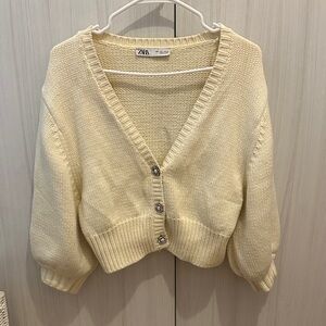 Zara Women's Butter Yellow Cardigan Sweater with jewel buttons